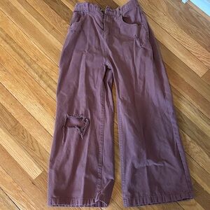 Joyfolie Mauve Distressed Wide-Leg Pants